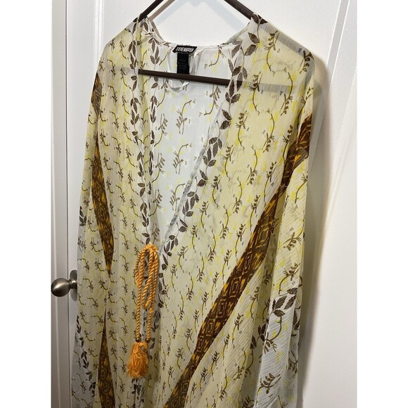 Women’s Sheer Kimono Steve Madden Boho Peasant Yellow Brown Tie One Size Floral - Picture 3 of 7
